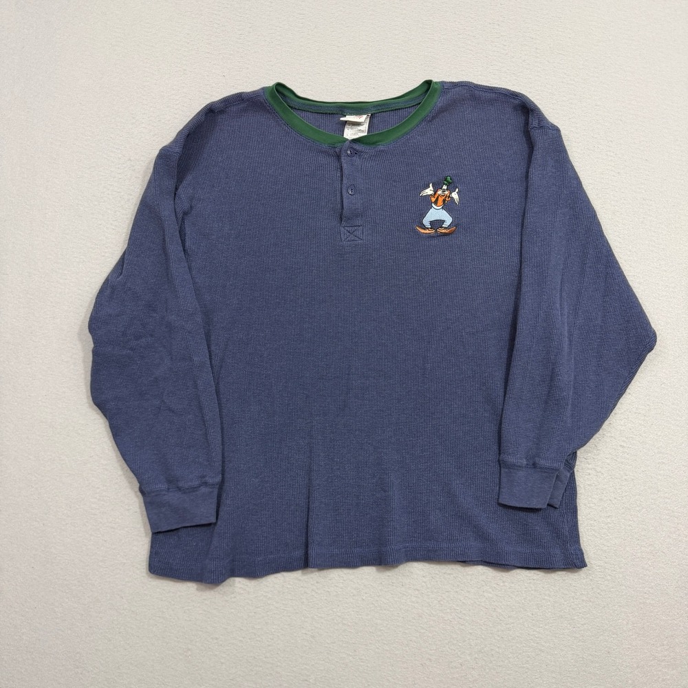 Vintage Disney Store Henley XL Blue Goofy Waffle Knit Thermal Long Sleeve Shirt